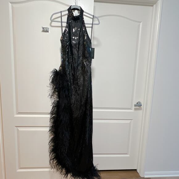 Retrofête Vixen Black Sequin Feather Halter Dress NWT - Picture 4 of 6